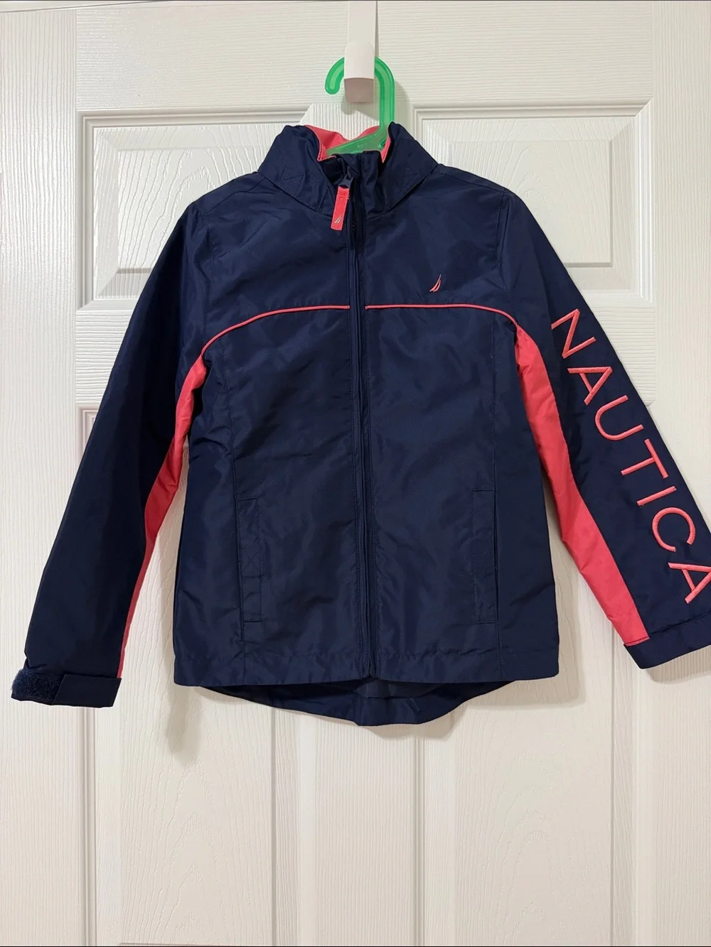 Nautica Girls Windbreaker Rain Jacket Size 7 Navy Coral Hidden Hood NWOT